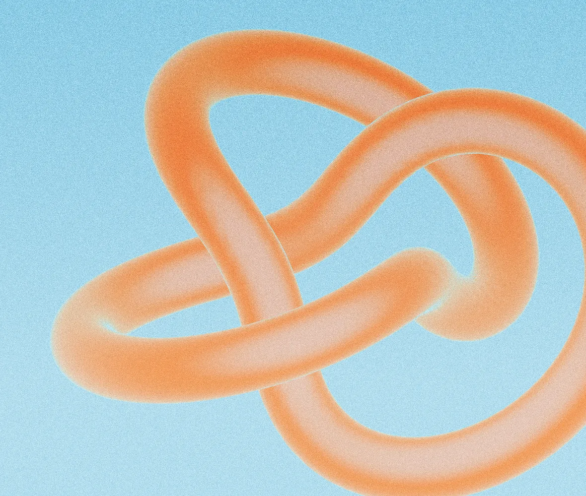 A three-lobed knot drawn in orange gradient on a pale blue plate.